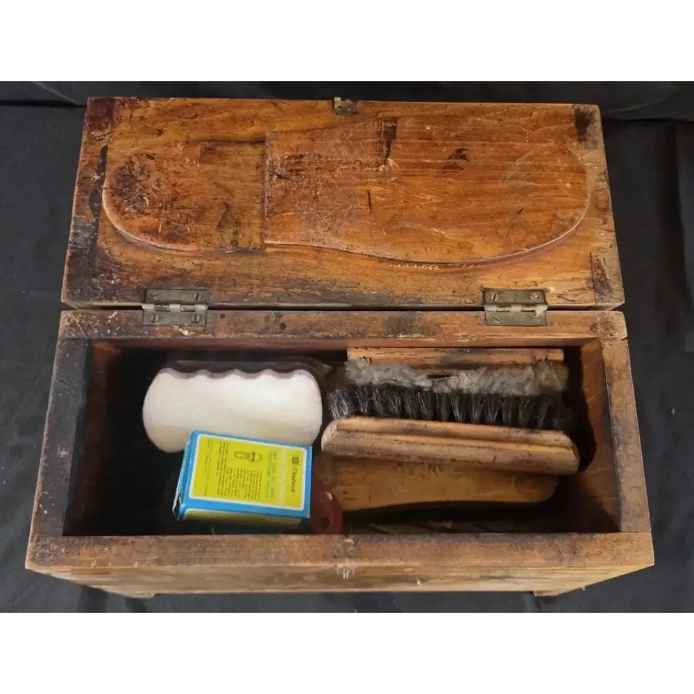 Vintage Wooden Shoe Shine Box, Stretcher & Care Accessories Lot